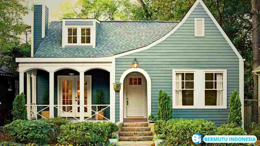 Desain Rumah Kayu Dengan Perpaduan Biru Muda dan Putih