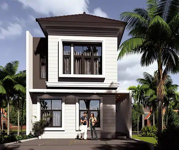 Render fasad rumah Cibiru Bandung dua lantai desain semi klasik di Mekar Biru